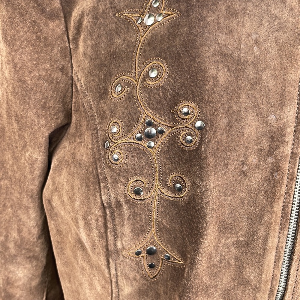 Lake Matley Suede Jacket Pockets Brown Full Zip Front Studded Embroidered Design - Picture 3 of 12
